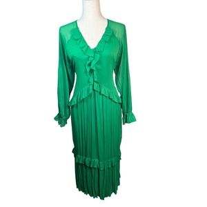 Zara Pleated Ruffle Midi Dress Women Small Green Tiered Sheer Sleeve Cottagecore